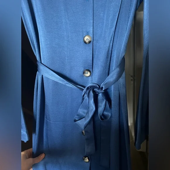 STAUD Royal Blue Satin Dress with Long-Sleeves Bell Sleeves Size M Modest Dress - Picture 3 of 10